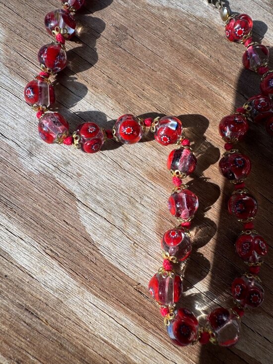 Vintage Venetian Millefiori Red Art Glass Bead Necklace 18” 10mm Barrel Clasp - Picture 4 of 6